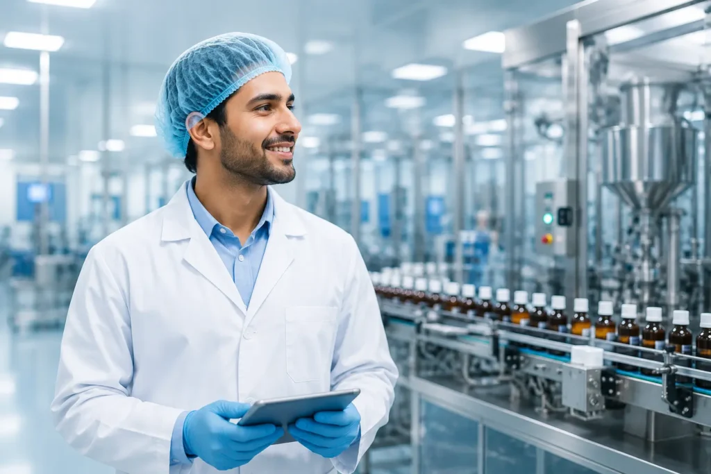 Pharmasist looking right side happy